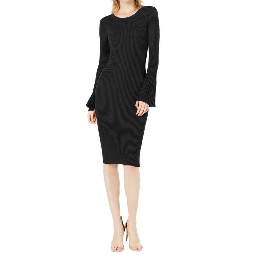 Bar III Women's Deep Black Long Bell Sleeve Cable Knit Sweater Midi Dress sz L
